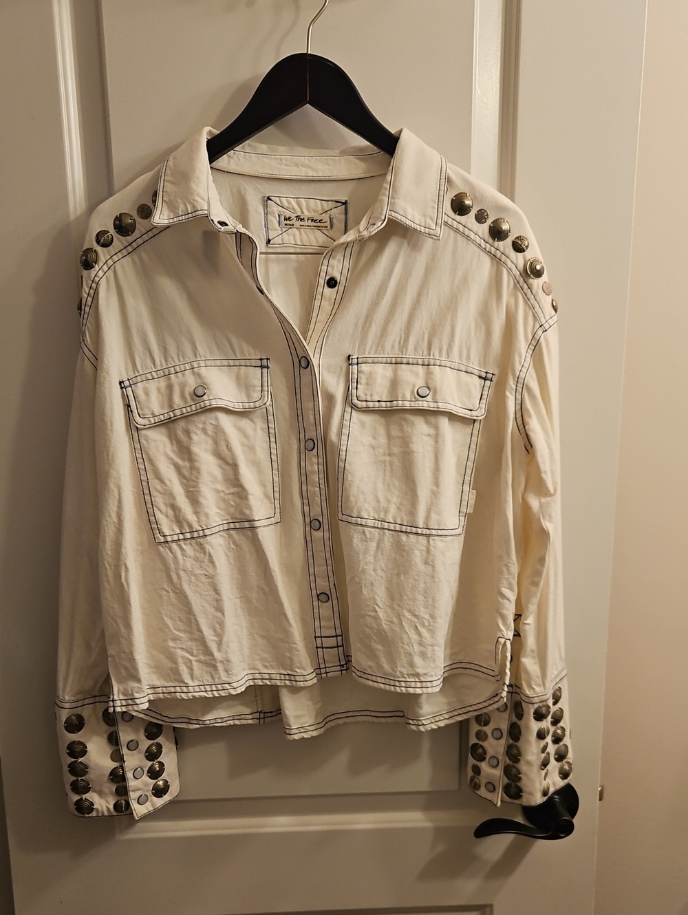 We The Free Austin Denim Jacket, Ivory, Western Studded Shirt Jacket, M - Picture 4 of 12